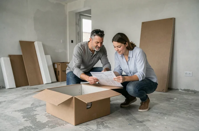 Couple assemblant des meubles de cuisine en kit dans un appartement en cours de rénovation