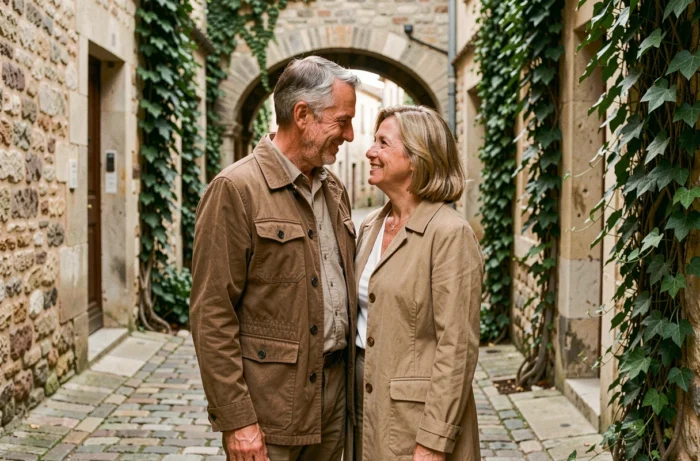 Couple mystérieux aux allures discrètes dans une ruelle pavée d'un village du sud de la France, symbolisant des parents aux origines secrètes