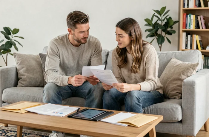 Couple planifiant ensemble leur budget familial avec des documents financiers et une tablette dans un salon moderne