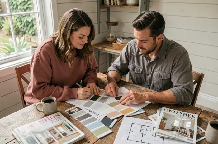Couple planifiant la décoration intérieure de leur maison autour d'une table avec des échantillons de peinture et des magazines de rénovation