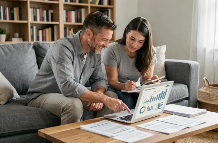 Couple planifiant ensemble leurs finances personnelles sur un ordinateur portable dans un salon, stratégies d'épargne et d'investissement en 2024