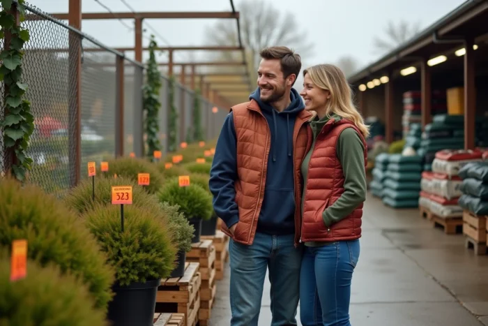 Couple faisant des économies sur des plantes en promotion dans une jardinerie