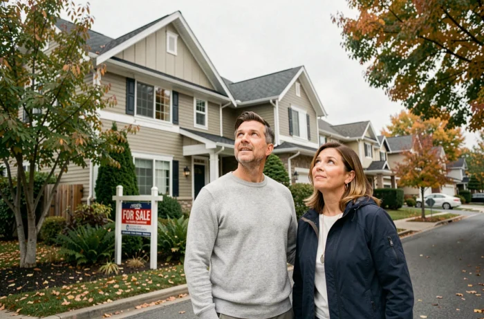 Couple visitant une maison à vendre dans un quartier résidentiel en automne