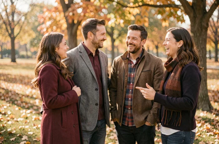 Deux couples en famille se retrouvant dans un parc en automne, représentant les liens entre membres de la famille élargie comme la nièce et son mari