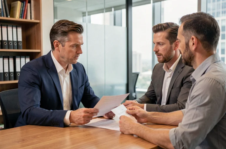 Courtier en assurance professionnelle conseillant un chef d'entreprise dans un bureau moderne