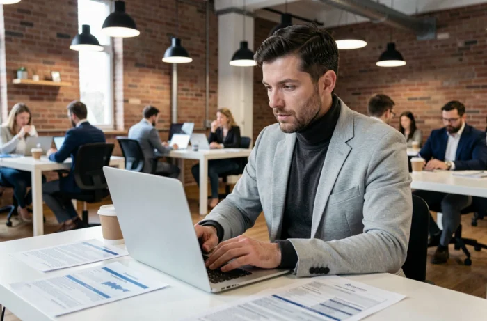 Courtier en assurances professionnelles travaillant sur des dossiers clients dans un espace de coworking moderne