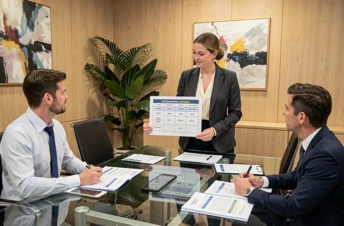 Courtière en assurance présentant une comparaison de contrats professionnels à des clients en salle de réunion