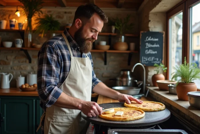 Crêpier breton préparant des galettes de sarrasin sur un billig dans une crêperie rustique en Bretagne