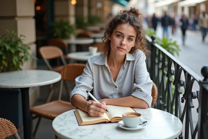 Jeune femme annotant un roman en terrasse de café parisien pour rédiger une critique littéraire