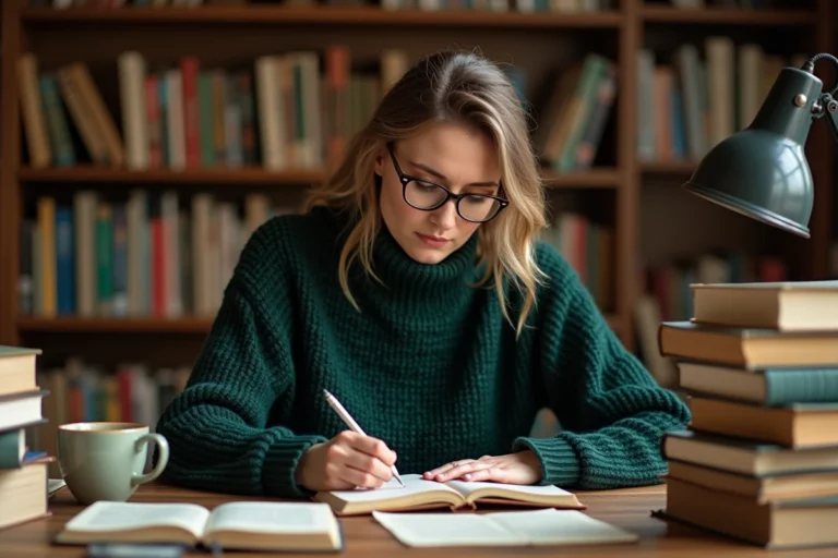 Femme passionnée de littérature rédigeant une critique de livre dans une bibliothèque personnelle chaleureuse