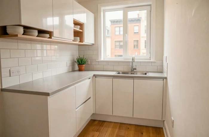 Cuisine moderne et économique entièrement aménagée avec des meubles de grande surface type Ikea ou But