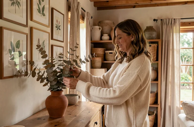 Femme arrangeant des branches d'eucalyptus dans un vase en terre cuite dans un salon chaleureux décoré avec goût