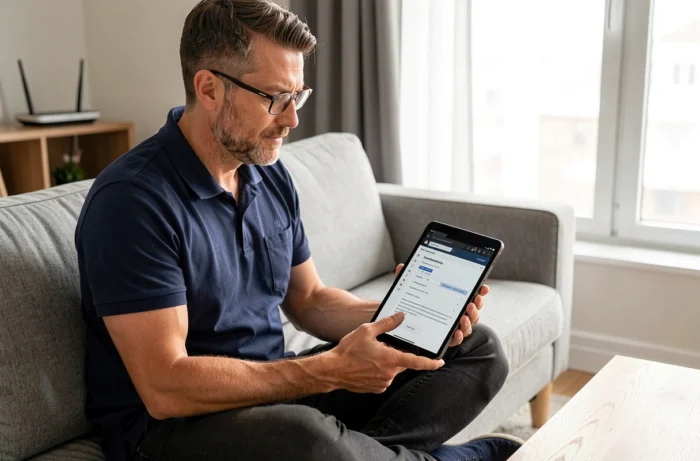 Homme consultant un guide de dépannage DNS sur sa tablette pour résoudre une erreur de connexion web