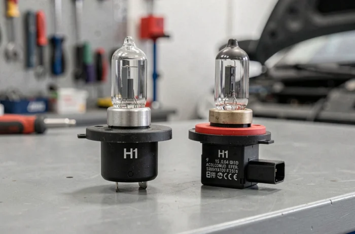 Comparaison détaillée des culots et connecteurs des ampoules automobiles H1 et H7 sur un établi de garage