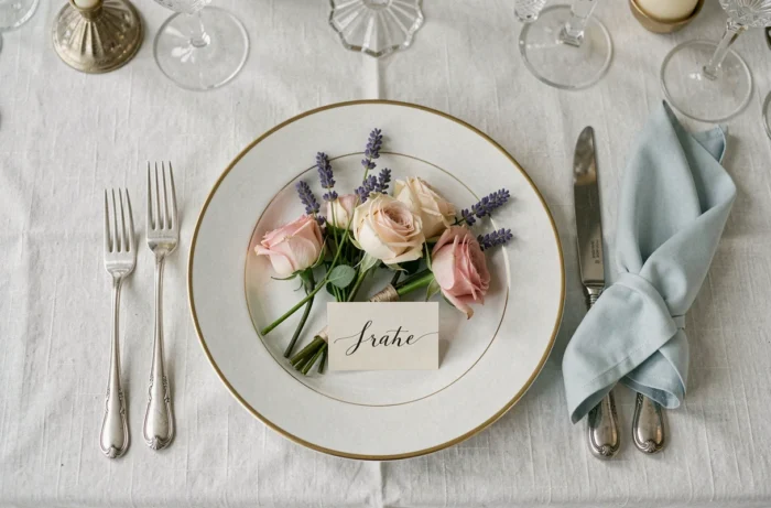 Détail de table de mariage élégant avec carte de placement calligraphiée, bouquet de roses et assiette en porcelaine dorée
