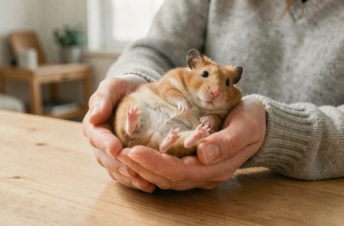 Femme tenant un hamster syrien doré ventre en l'air pour déterminer son sexe, gros plan sur les mains