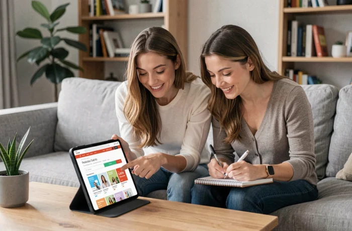 Deux femmes recherchant ensemble les meilleures promotions en ligne sur une tablette dans un salon moderne