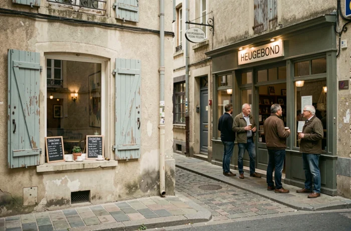Deux devantures côte à côte dans un village français, un café traditionnel et un bar de quartier avec des habitués discutant dehors