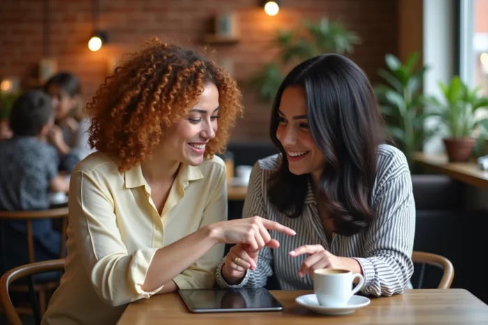 Deux femmes discutant d'avis clients sur une tablette dans un café contemporain