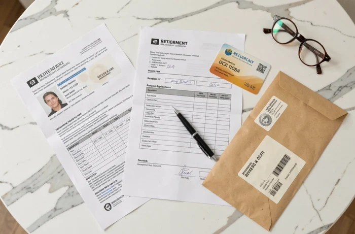 Vue de dessus des documents nécessaires pour constituer un dossier de demande de retraite, incluant carte d'identité et bulletins de salaire
