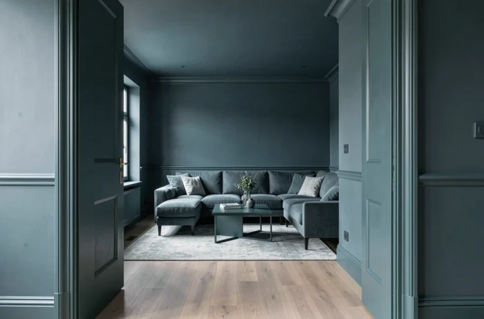 Salon entièrement peint dans la même teinte bleu-vert profond sur les murs, plinthes et boiseries selon la technique du drenching monochromatique