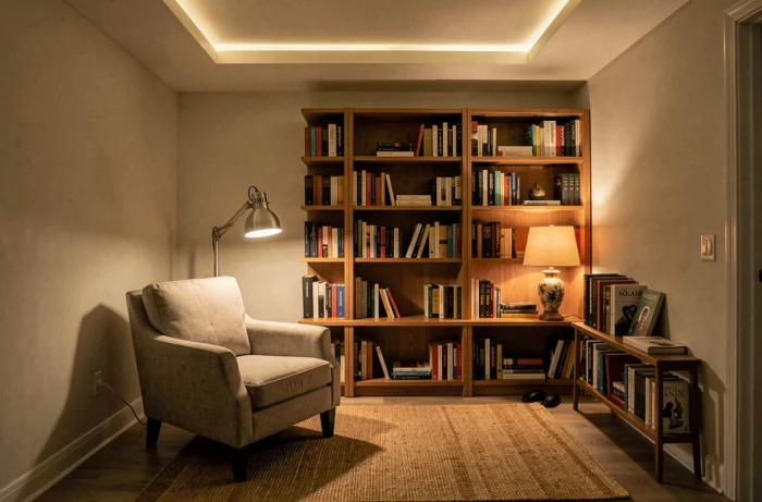 Coin lecture avec trois niveaux d'éclairage superposés : plafonnier général, lampe fonctionnelle sur liseuse et lampe d'ambiance décorative sur étagère