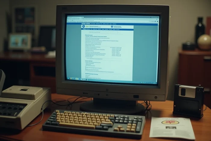 Écran CRT affichant l'ancienne interface Videoposte de La Banque Postale avec accessoires informatiques rétro des années 2000