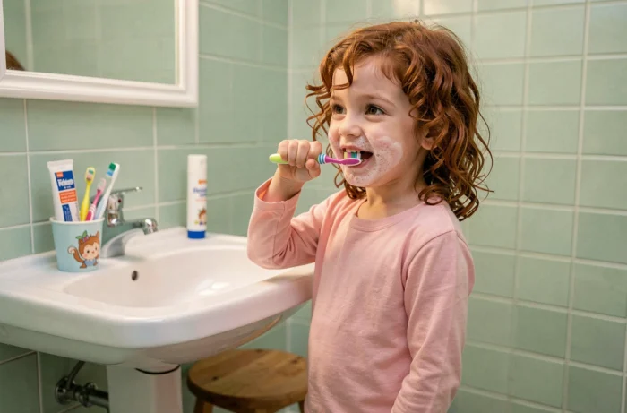 Jeune fille se brossant les dents dans une salle de bain colorée pour une bonne hygiène bucco-dentaire