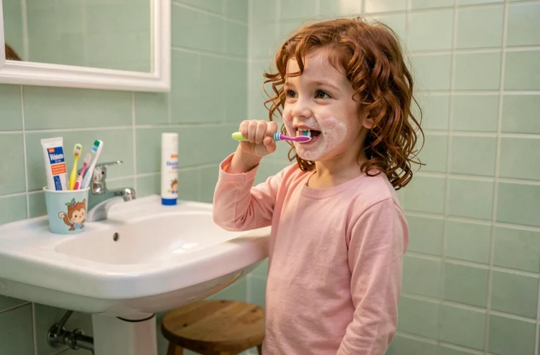 Jeune fille se brossant les dents dans une salle de bain colorée pour une bonne hygiène bucco-dentaire