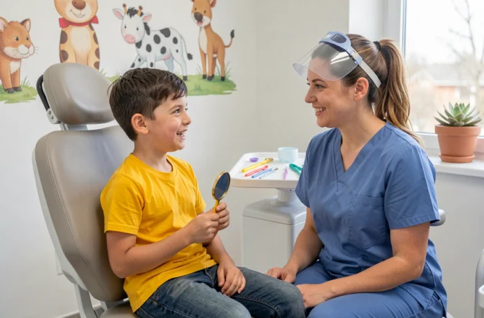 Enfant souriant lors d'une visite chez le dentiste pédiatrique dans un cabinet coloré et accueillant