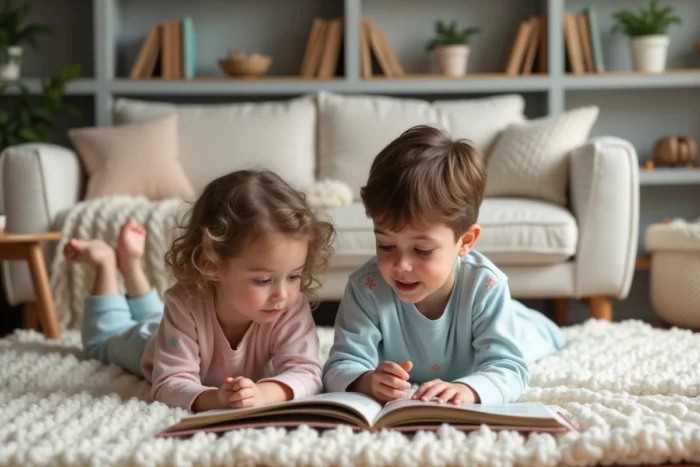 Deux enfants en pyjama lisant ensemble un livre illustré sur un plaid tricoté dans un salon cosy, moment de calme et de bien-être partagé
