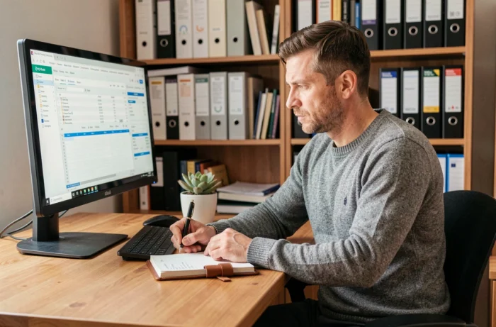 Entrepreneur concentré travaillant sur des tableaux financiers dans un bureau à domicile bien organisé, illustrant la gestion administrative quotidienne d'une petite entreprise
