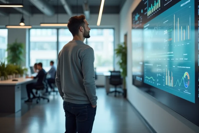 Entrepreneur présentant un tableau de bord analytique dans un bureau moderne dédié aux entreprises innovantes