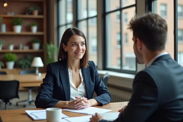 Entrepreneuse en réunion dans un espace de co-working moderne discutant de services innovants pour entreprises