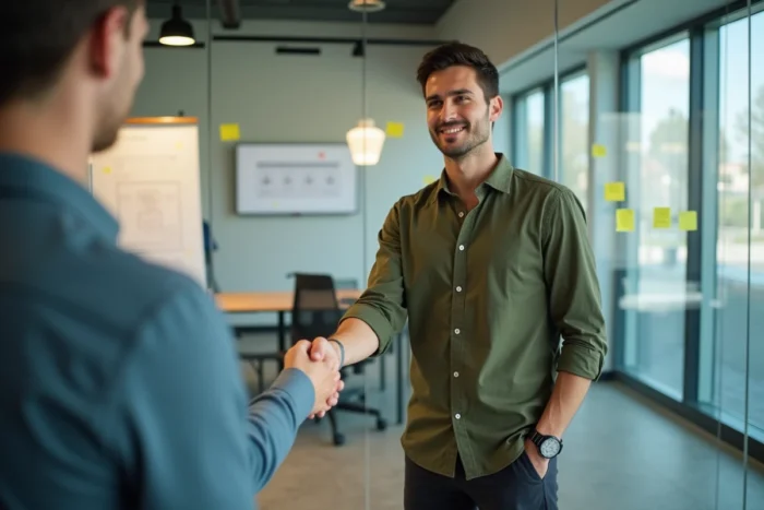 Candidat lors d'un entretien d'embauche dans les locaux d'une startup avec une salle de réunion en verre en arrière-plan