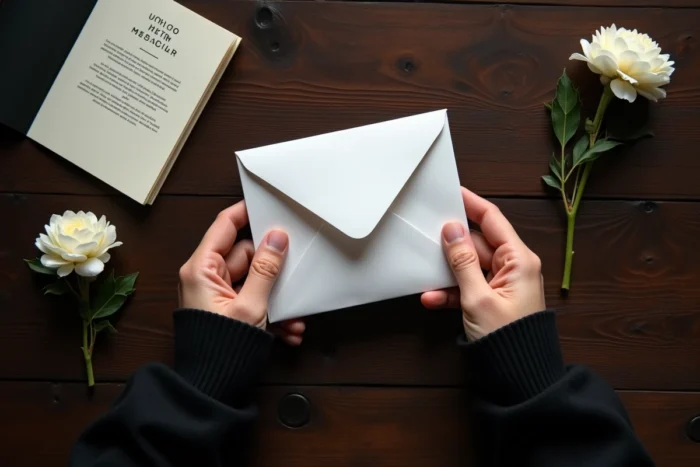 Gros plan en vue plongeante d'une main déposant une enveloppe de pourboire sur une table en bois sombre lors d'un enterrement, aux côtés d'un œillet blanc et d'un programme funèbre, illustrant les usages pratiques des obsèques.