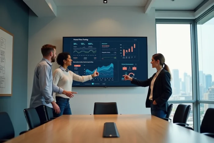 Équipe de professionnels analysant les tendances et les dernières actualités sur un grand écran numérique en salle de réunion