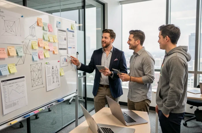 Équipe de professionnels du web collaborant autour d'un tableau blanc avec des stratégies digitales et des outils en ligne dans une agence créative moderne