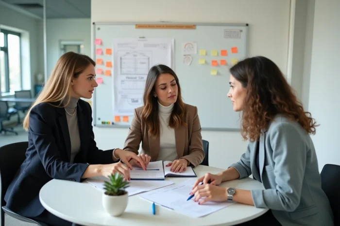 Équipe de jeunes entrepreneurs en séance de brainstorming dans un incubateur de startups pour entreprises de demain