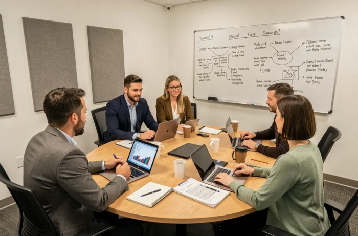 Équipe de professionnels en réunion stratégique autour d'une table de conférence avec ordinateurs et documents, illustrant la gestion collaborative d'une entreprise