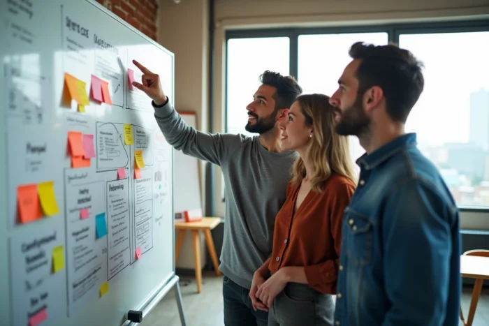 Équipe marketing collaborant autour d'un tableau blanc pour définir une stratégie digitale
