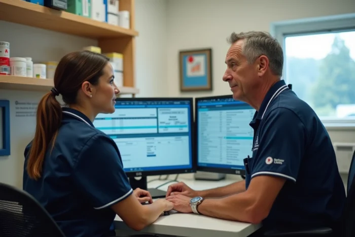Équipe vétérinaire collaborant sur le logiciel GMVET1 dans le bureau administratif d'une clinique vétérinaire