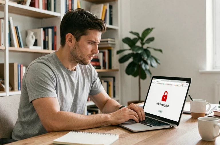 Homme frustré face à une erreur de connexion sur son navigateur avec un site bloqué affiché à l'écran