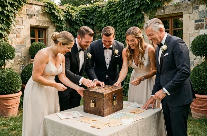 Invités en tenue de mariage résolvant des énigmes d'un escape game sur mesure autour d'une table avec des objets vintage dans un jardin
