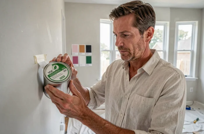 Personne inspectant l'étiquette COV d'un pot de peinture écologique dans une pièce en cours de rénovation avec des échantillons de couleurs sur le mur
