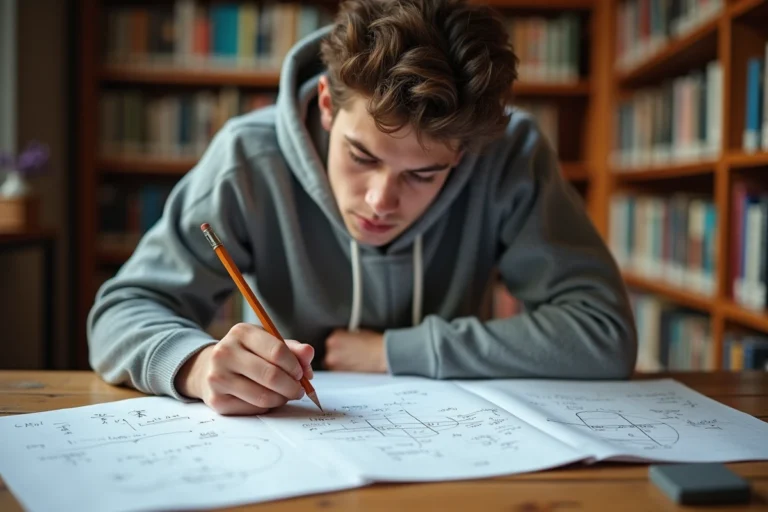 Étudiant universitaire travaillant sur des formules trigonométriques cos et sin dans une bibliothèque