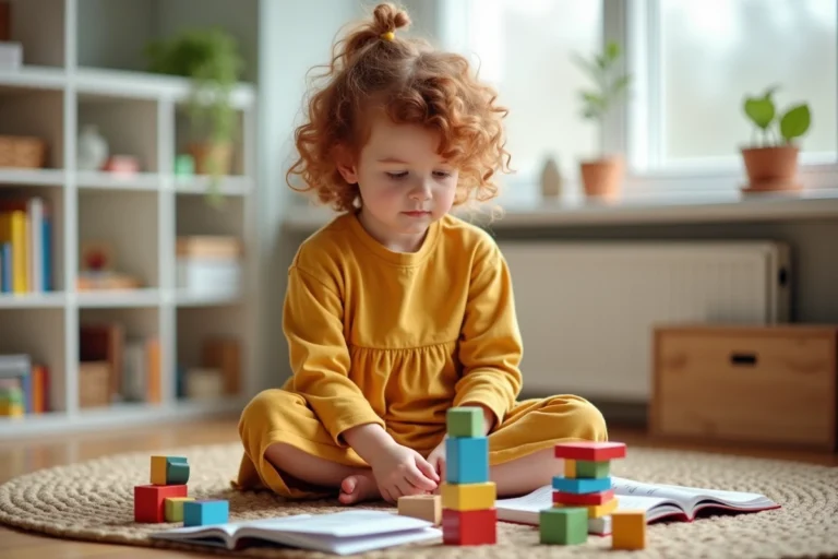 Petite fille concentrée jouant avec des blocs en bois colorés dans une salle de jeux scandinave lumineuse, favorisant l'éveil et la créativité