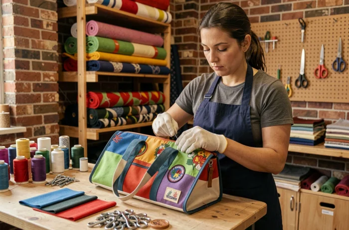 Artisane cousant les panneaux colorés d'un sac Cabaïa dans un atelier de fabrication textile