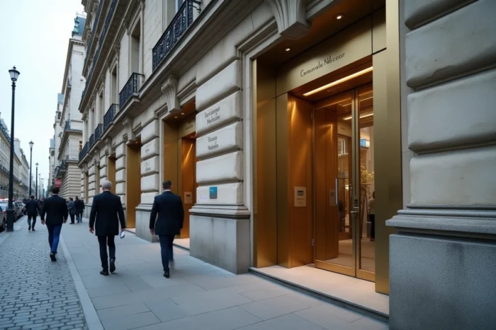 Façade haussmannienne parisienne avec une enseigne corporate moderne, symbolisant la transformation et le rebranding du groupe AXA depuis ses origines jusqu'à aujourd'hui