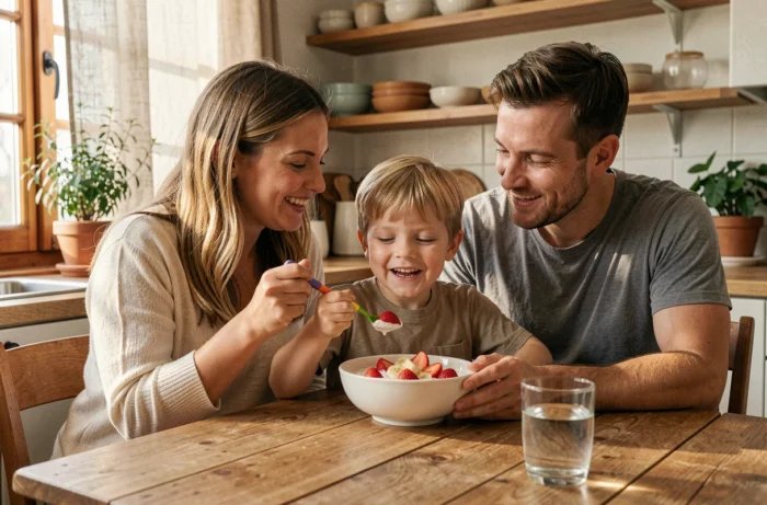Famille partageant un petit-déjeuner sain avec des fruits frais pour favoriser la santé bucco-dentaire des enfants